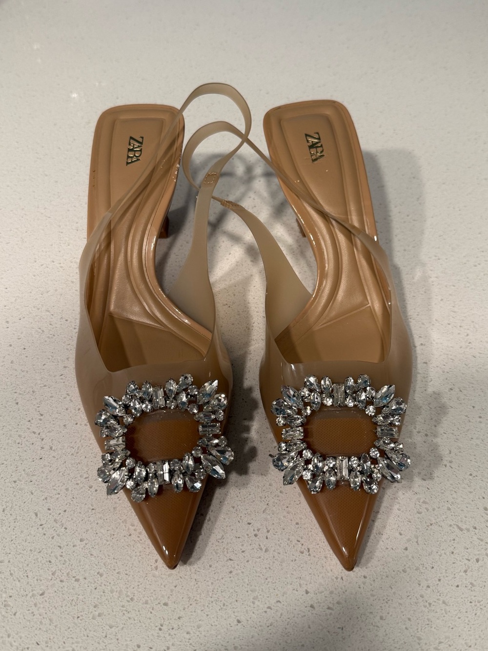 Zara Tan Nude Plexi Pointed Slingback Mules with Crystal Buckle